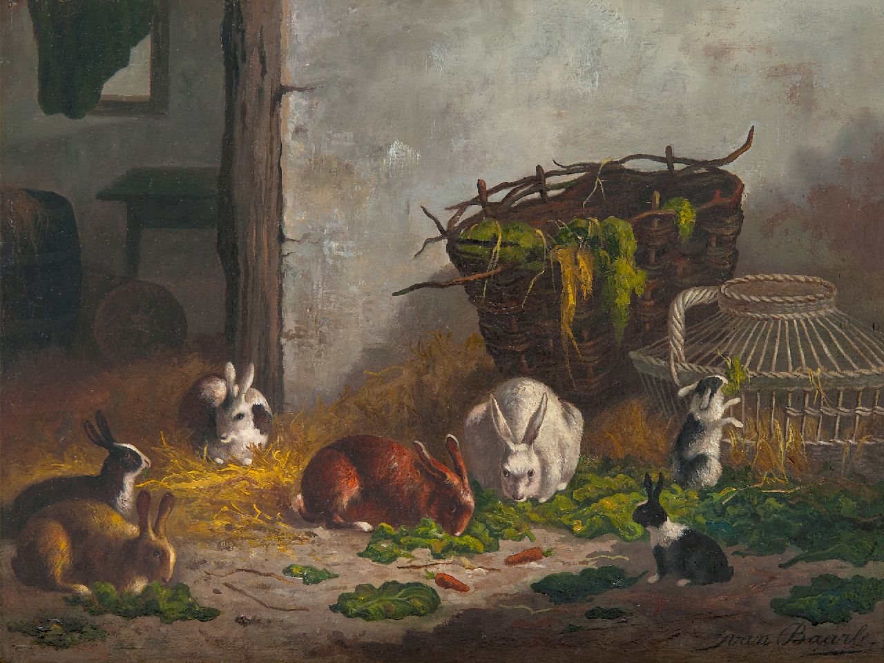 Baarle N. van | Nicolaas 'Nico' van Baarle, Fütterzeit im Kaninchenstall, Öl auf Holz 27,0 x 36,3 cm, Unterzeichnet u.r.