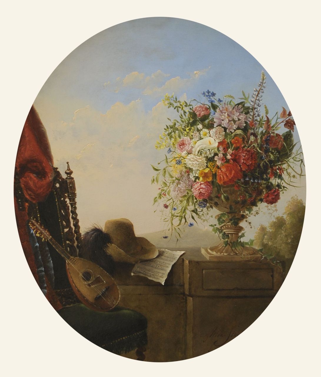 Stolk A.E. van | 'Alida' Elisabeth van Stolk | Gemälde zum Verkauf angeboten | Stilleben mit Blumen, Hut und Mandoline, Öl auf Holz 51,0 x 42,0 cm, Unterzeichnet r.u. und datiert 1853