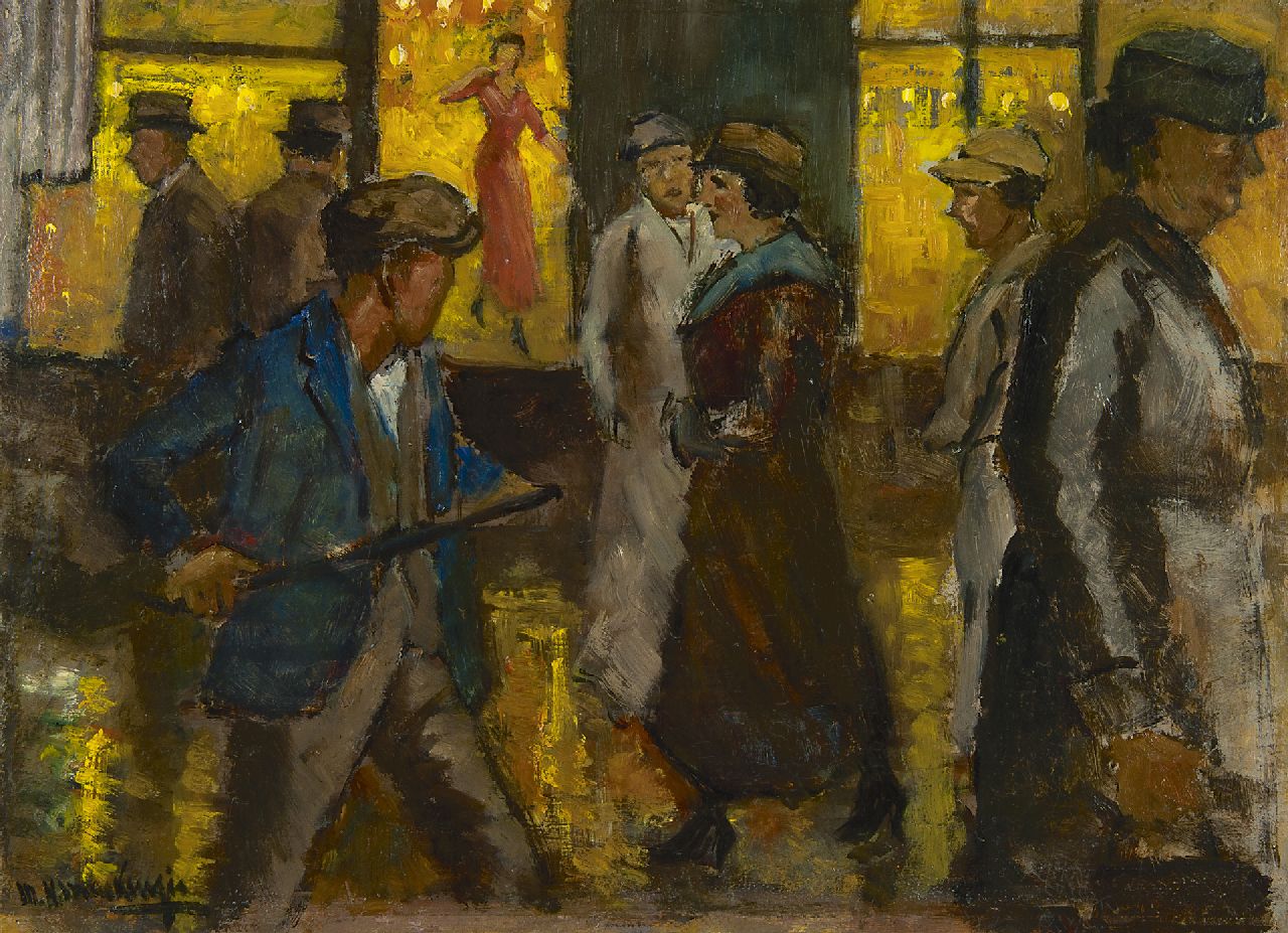 Mackenzie M.H.  | Marie Henri Mackenzie, Geschäftsstrasse in Amsterdam, bei Abend, Öl auf Holzfaser 36,7 x 49,6 cm, Unterzeichnet u.l.