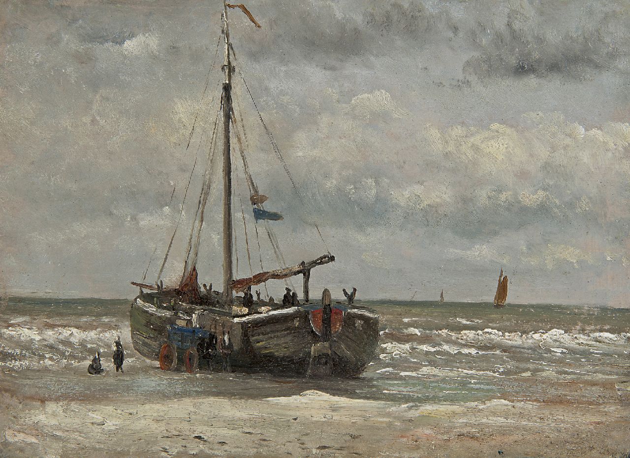 Mesdag H.W.  | Hendrik Willem Mesdag, Fisher men with fishing boat on the beach, Öl auf Papier 20,8 x 28,2 cm, painted ca. 1868