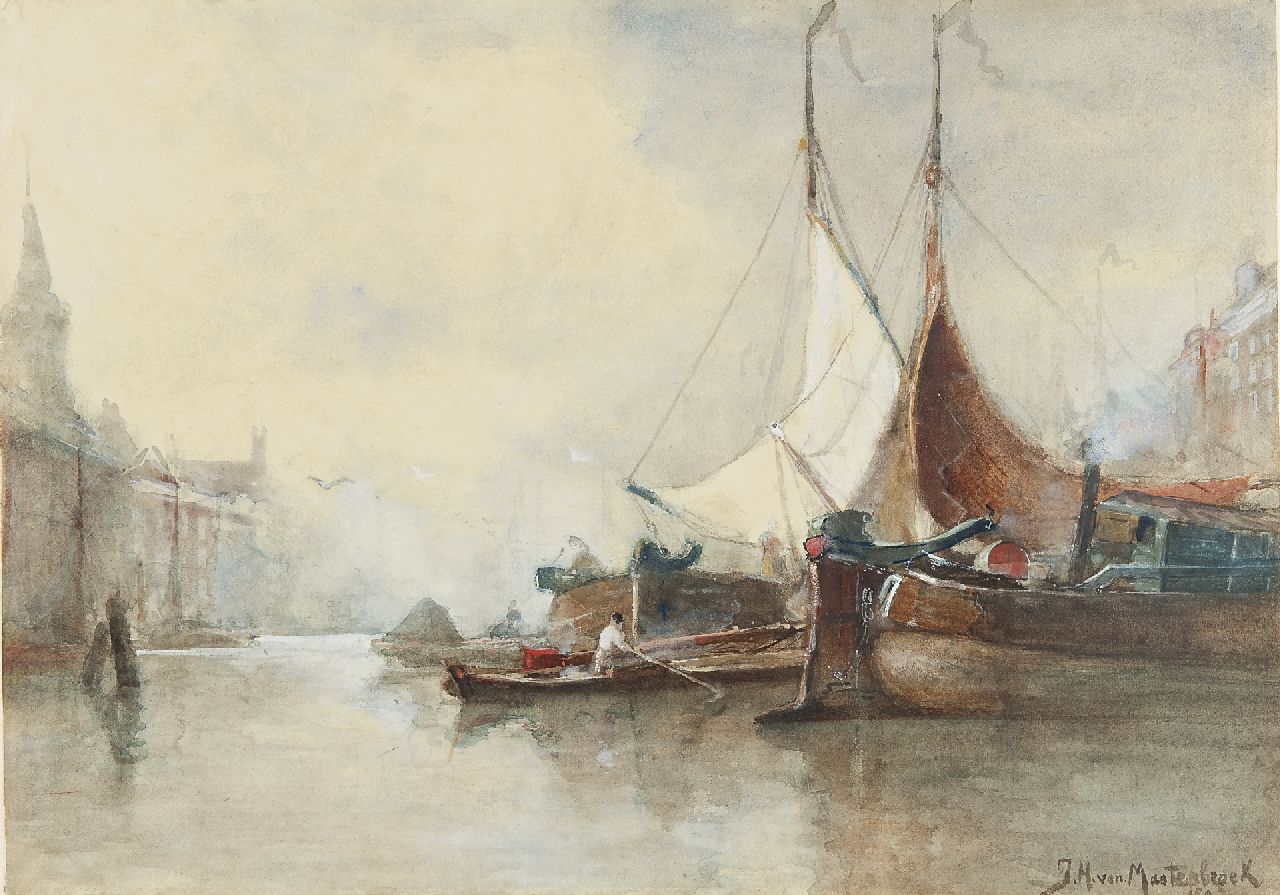 Mastenbroek J.H. van | Johan Hendrik van Mastenbroek, Moored sailing vessels in the Leuvehaven, Rotterdam, Aquarell auf Papier 38,5 x 53,3 cm, signed l.r. und dated 189(8?)
