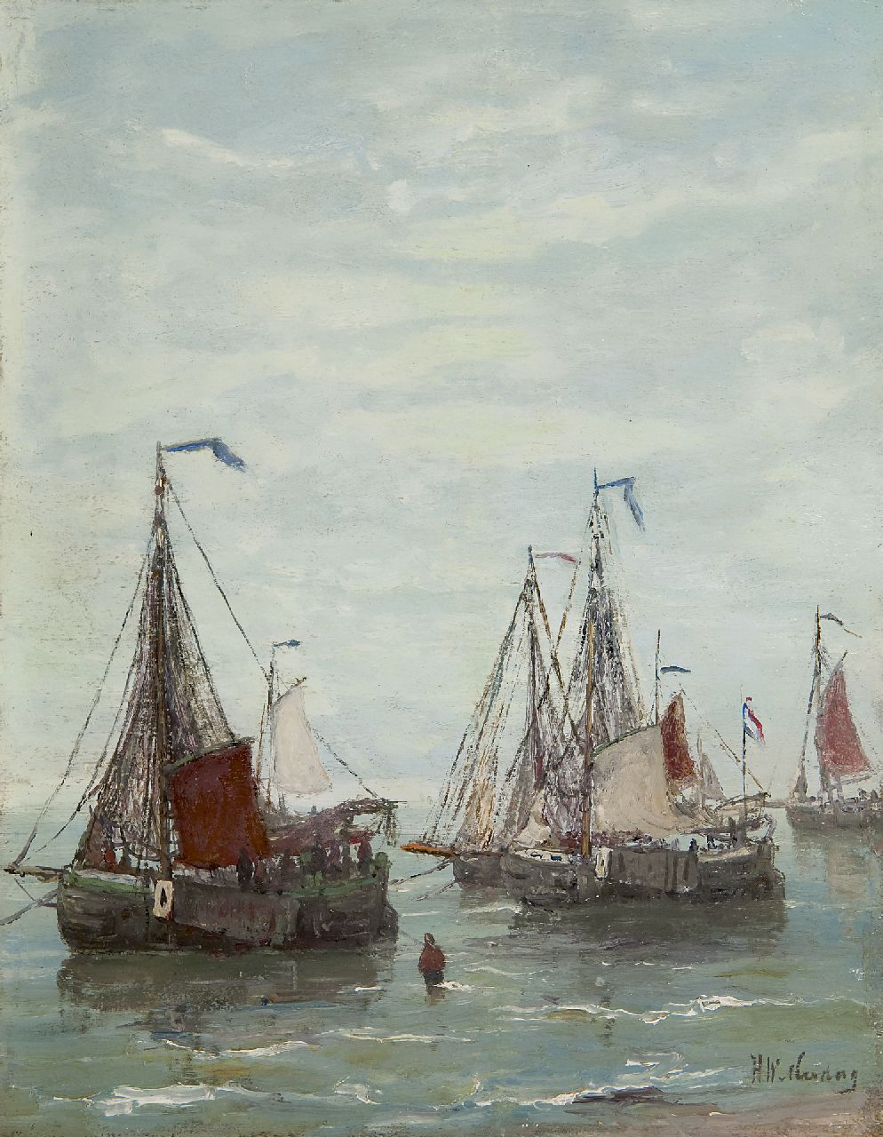 Mesdag H.W.  | Hendrik Willem Mesdag, Fischerboote vor Anker am Strand, Öl auf Holz 32,2 x 25,2 cm, Unterzeichnet r.u. und zu datieren um 1885