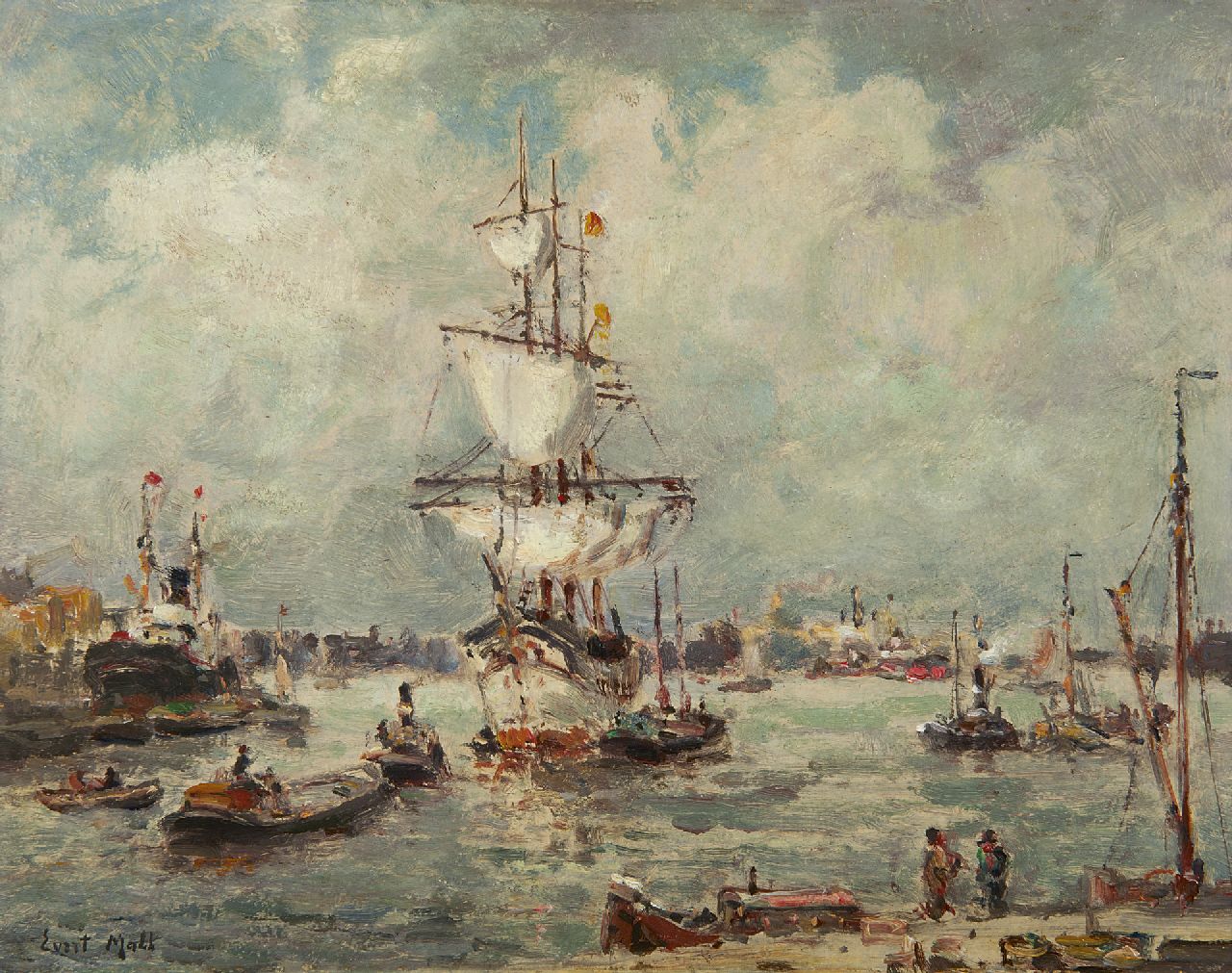 Moll E.  | Evert Moll, Dreimaster im Hafen von Rotterdam, Öl auf Malereifaser 24,0 x 30,5 cm, Unterzeichnet u.l.
