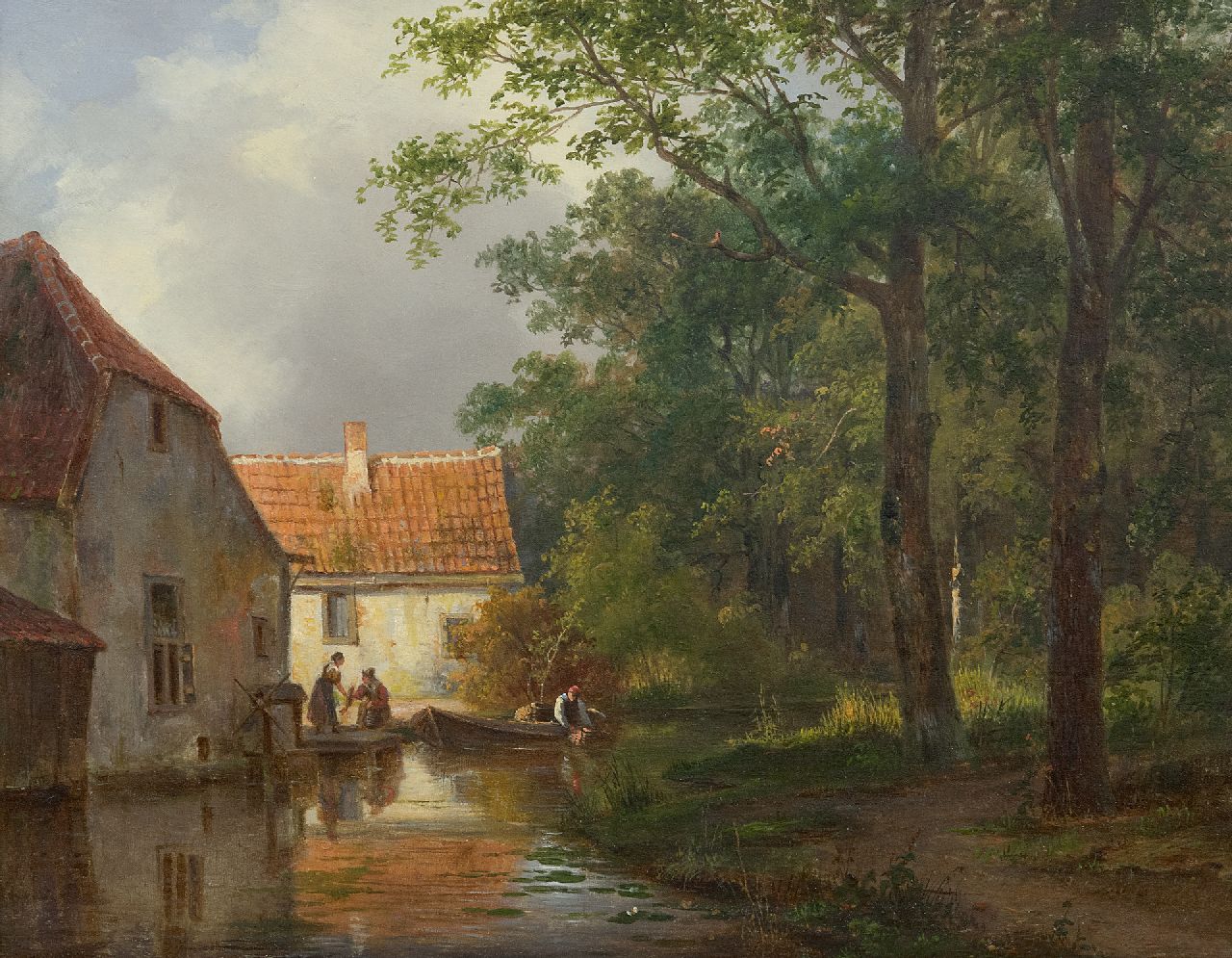 Breuhaus de Groot F.  | Frans Breuhaus de Groot | Gemälde zum Verkauf angeboten | Fischverkauf am Dorfbach, Öl auf Holz 24,4 x 30,6 cm, Unterzeichnet r.u. (unklar)