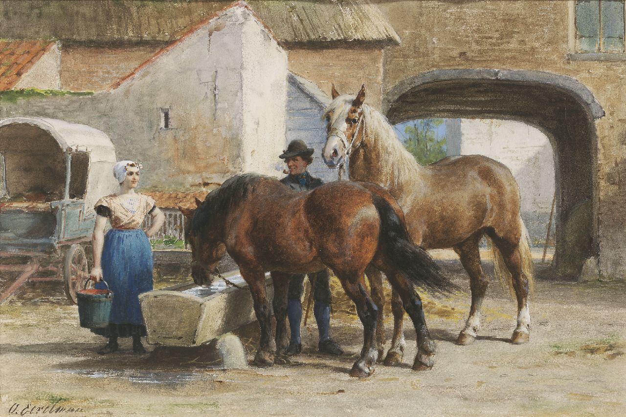 Eerelman O.  | Otto Eerelman, Tending to the horses in a courtyard, Schwarze Kreide, Aquarell und Gouache auf Papier 34,7 x 51,4 cm, signed l.l.
