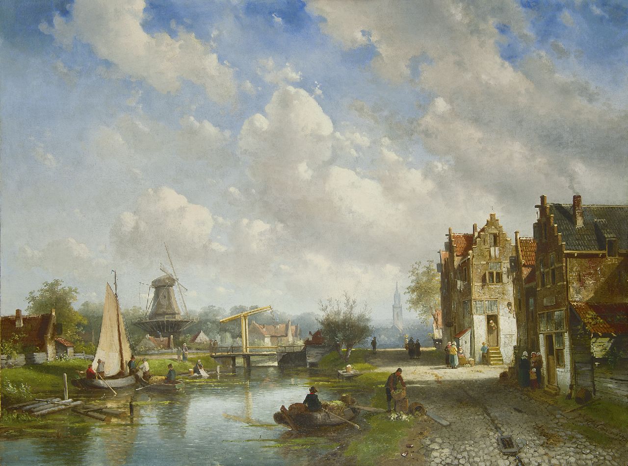 Leickert C.H.J.  | 'Charles' Henri Joseph Leickert, Sommerliche Flusslandschaft mit der Nieuwe Kerk von Delft in der Ferne, Öl auf Leinwand 78,0 x 103,4 cm, Unterzeichnet r.u. und datiert '72