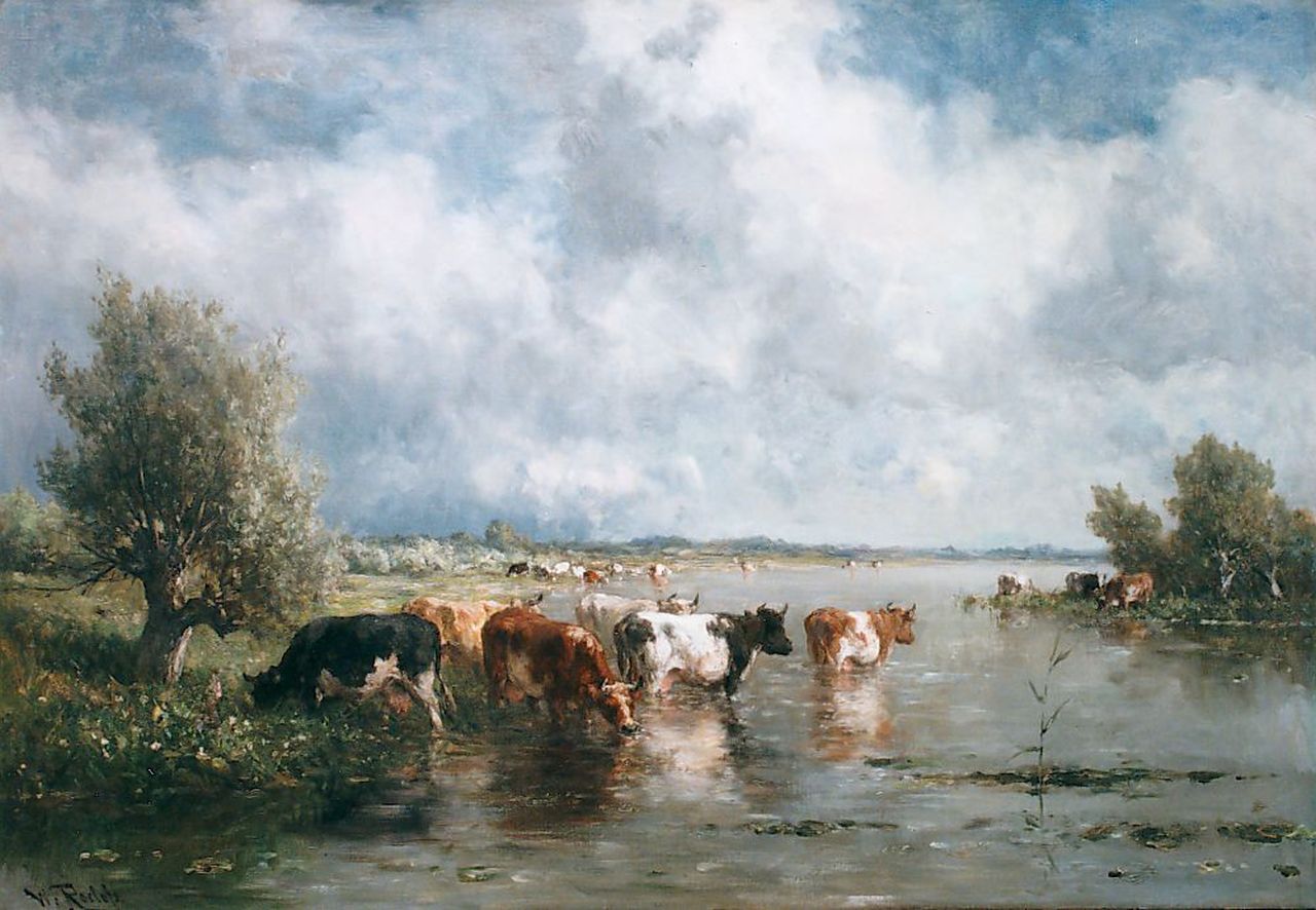 Roelofs W.  | Willem Roelofs, Cows watering, Öl auf Leinwand 70,0 x 101,0 cm, signed l.l.