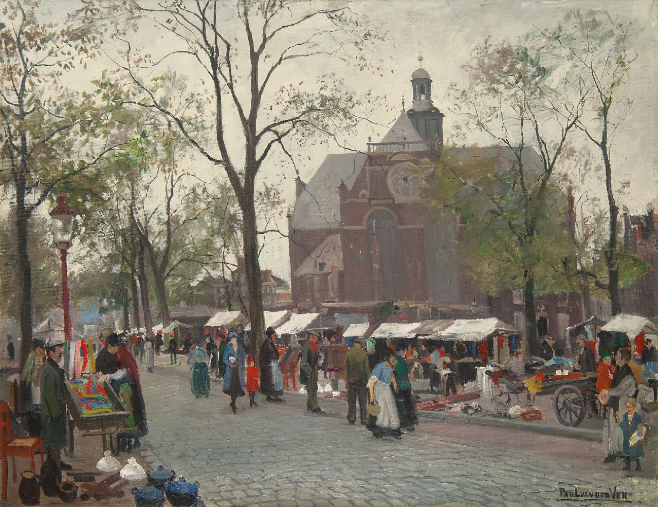 Ven P.J. van der | 'Paul' Jan van der Ven | Gemälde zum Verkauf angeboten | Markttag am Noordermarkt, Amsterdam, Öl auf Leinwand 84,4 x 109,8 cm, Unterzeichnet r.u. und auf dem Keilrahmen