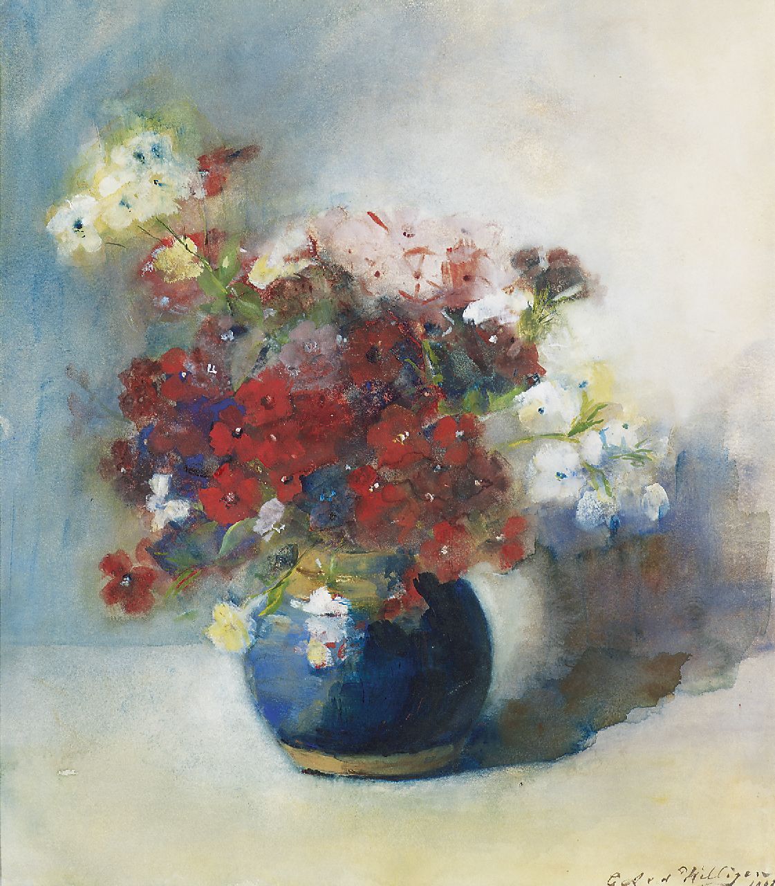 Willigen C.A. van der | Christina Abigael 'Chrisje' van der Willigen, Blumen in blauem Topf, Aquarell auf Papier 42,0 x 37,5 cm, Unterzeichnet r.u. und datiert 1902