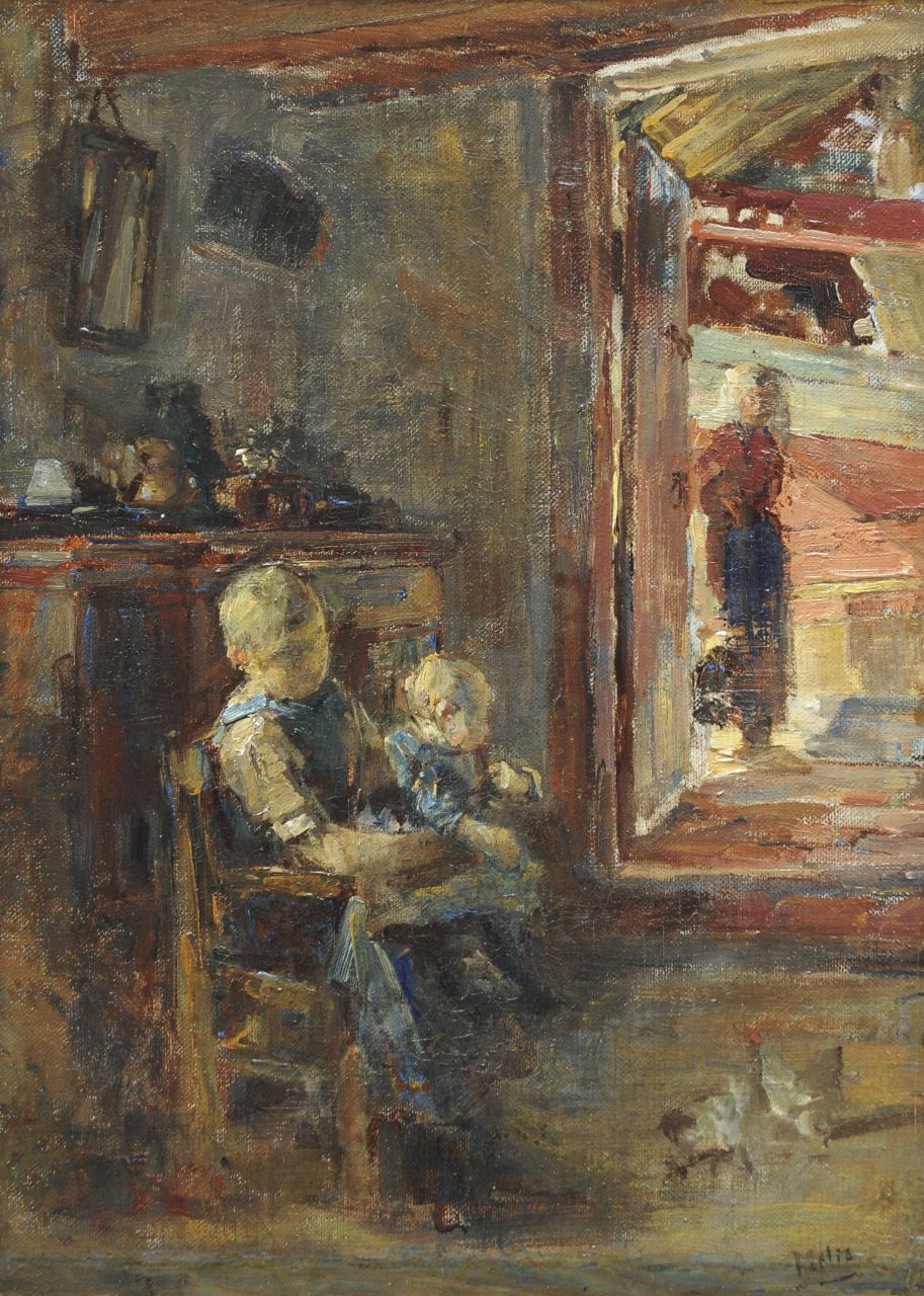 Mélis H.J.  | Henricus Joannes Mélis, Interieur mit Frau und Kinder, Zeeland, Öl auf Leinwand 52,5 x 37,3 cm, Unterzeichnet u.r.