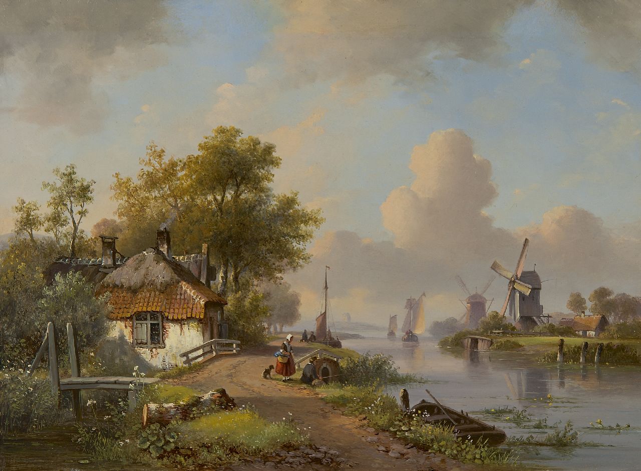 Kleijn L.J.  | Lodewijk Johannes Kleijn, Holländische Flusslandschaft im Sommer, Öl auf Holz 34,8 x 47,2 cm