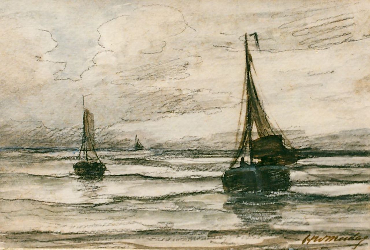 Mesdag H.W.  | Hendrik Willem Mesdag, 'Bomschuiten' in the surf, Bleistift und Aquarell auf Papier 13,5 x 19,5 cm, signed l.r.