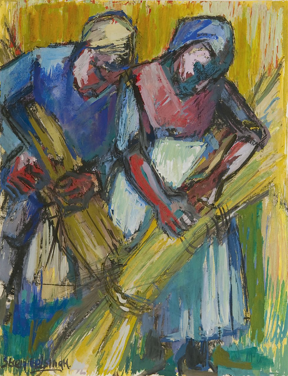 Eelsingh C.  | Christiana 'Stien' Eelsingh, Harvesting couple, Gouache auf Papier 32,5 x 24,5 cm, signed l.l. und painted ca. 1950-1955