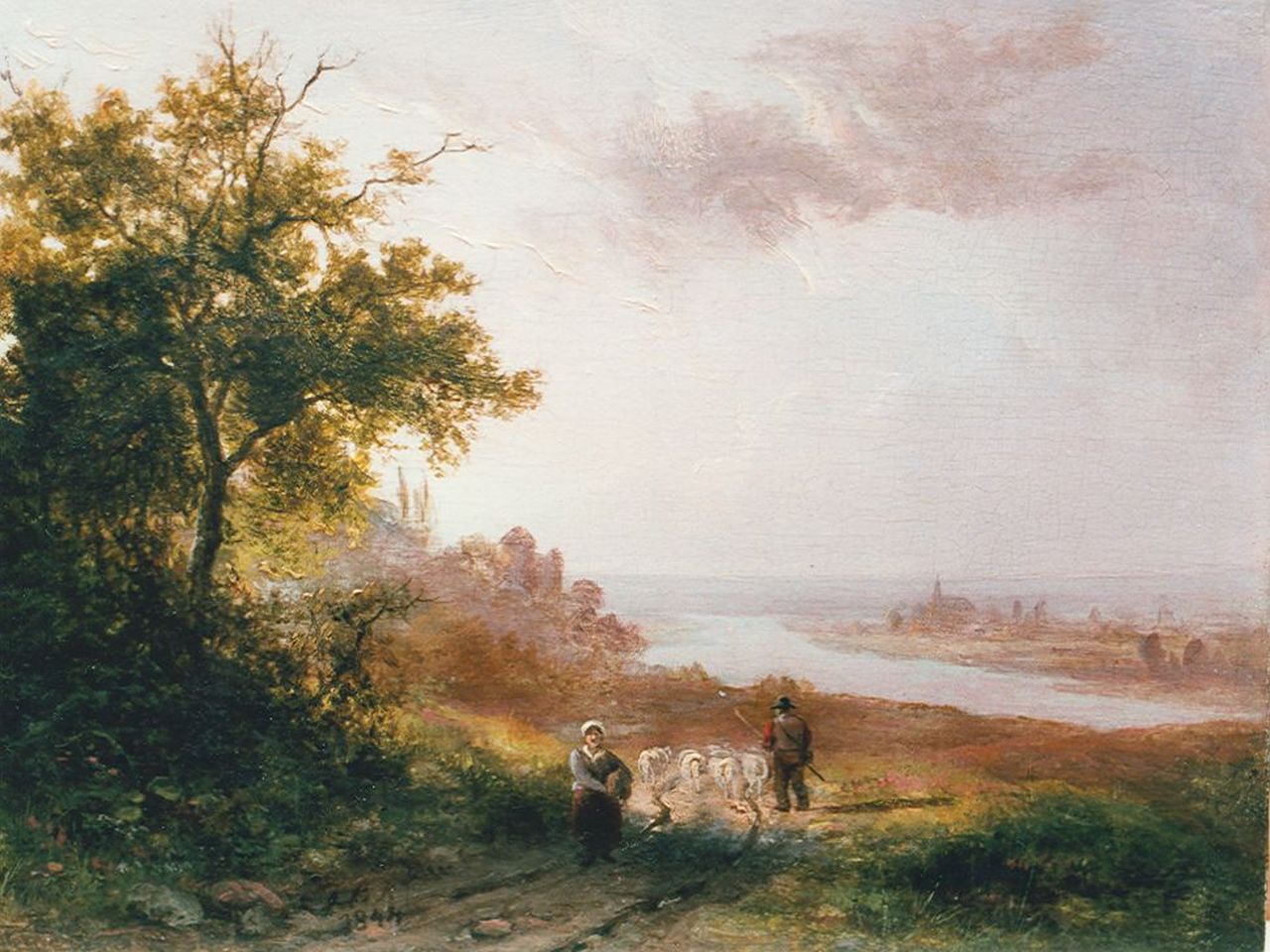 Klombeck J.B.  | Johann Bernard Klombeck, A river landscape, Öl auf Holz 12,5 x 16,5 cm, signed with the initials J.B.K. und dated 1844