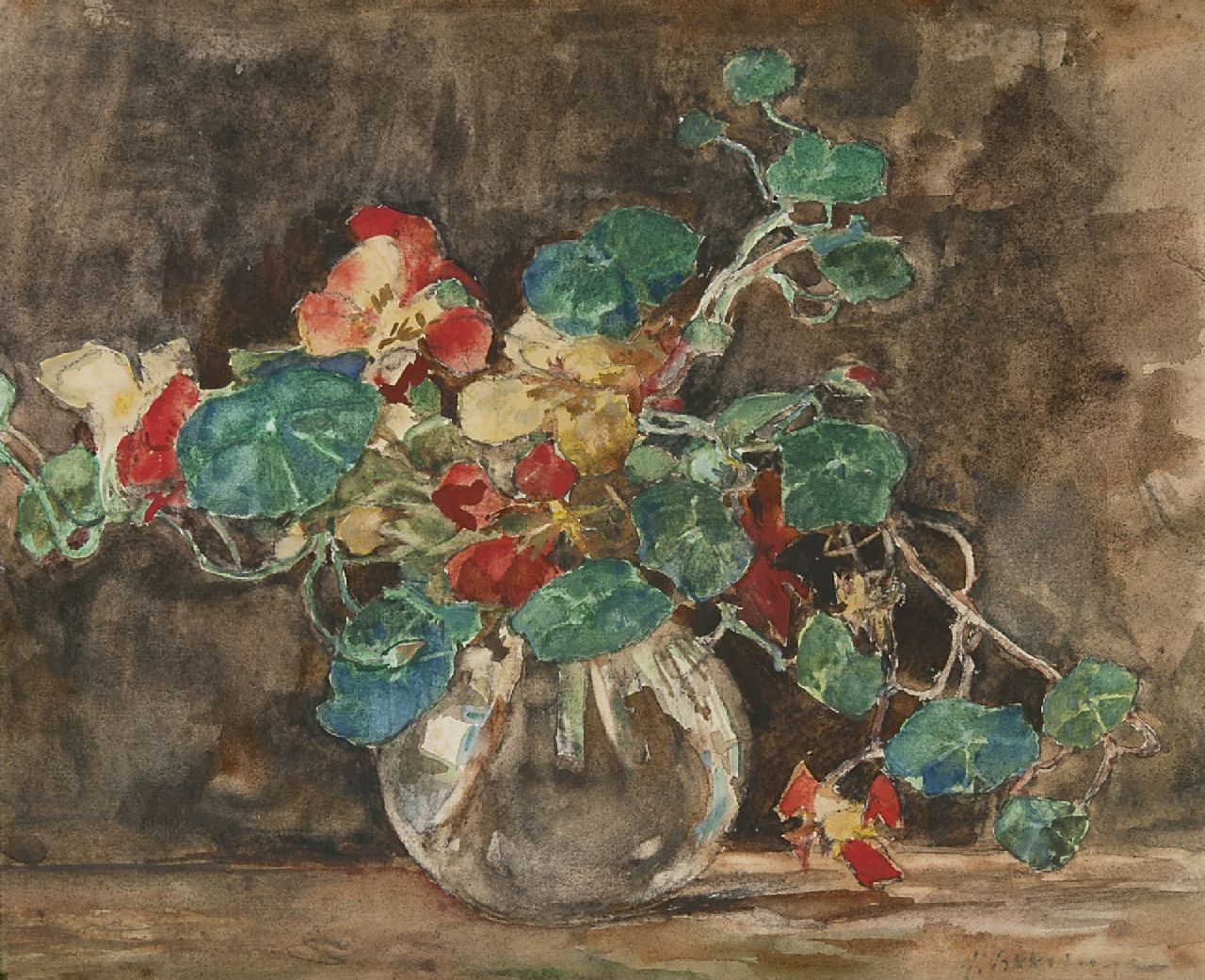 Akkeringa J.E.H.  | 'Johannes Evert' Hendrik Akkeringa, Vase mit Kapuzinerkressen, Holzkohle und Aquarell auf Papier 29,4 x 35,3 cm, Unterzeichnet r.u.