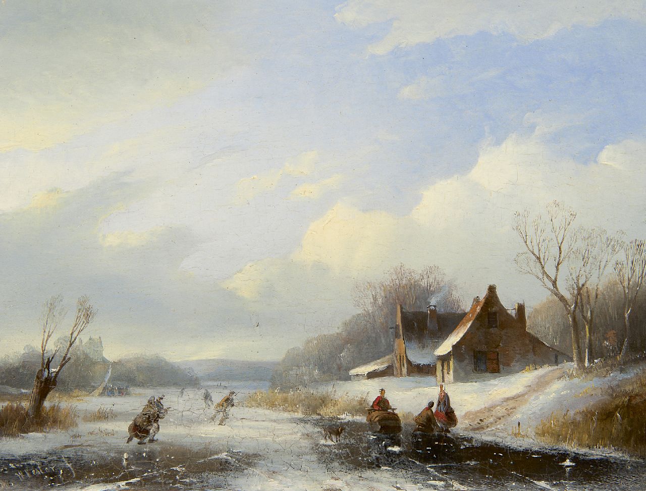 Vester W.  | Willem Vester, A winter landscape with skaters, Öl auf Holz 21,5 x 28,3 cm, signed l.l.