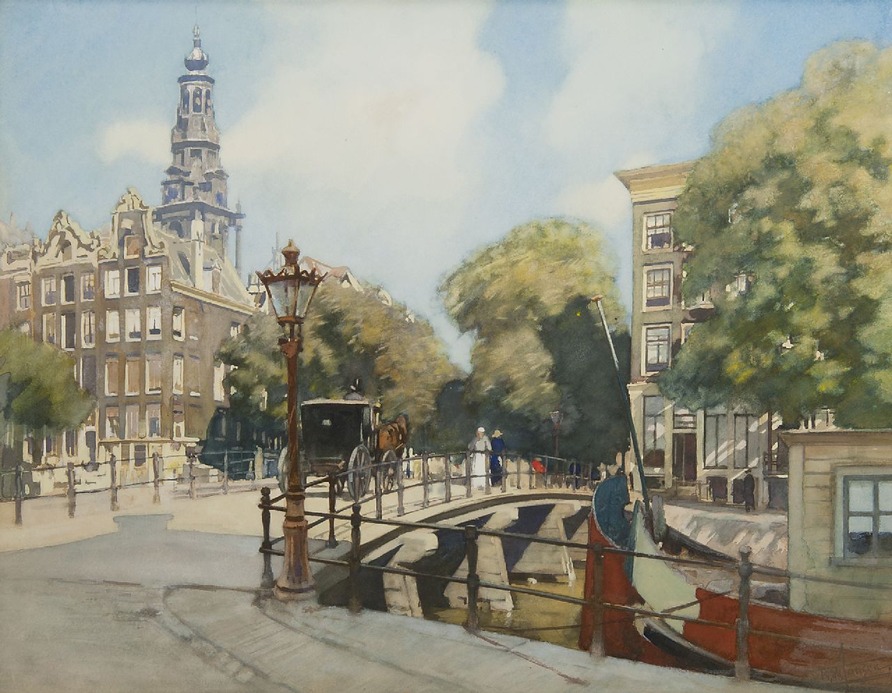 Jansen H.W.  | Hendrik Willebrord Jansen, Stadtansicht in Amsterdam mit die Brücke über den Kloveniersburgwal, Aquarell auf Papier 45,5 x 56,8 cm, Unterzeichnet u.r.