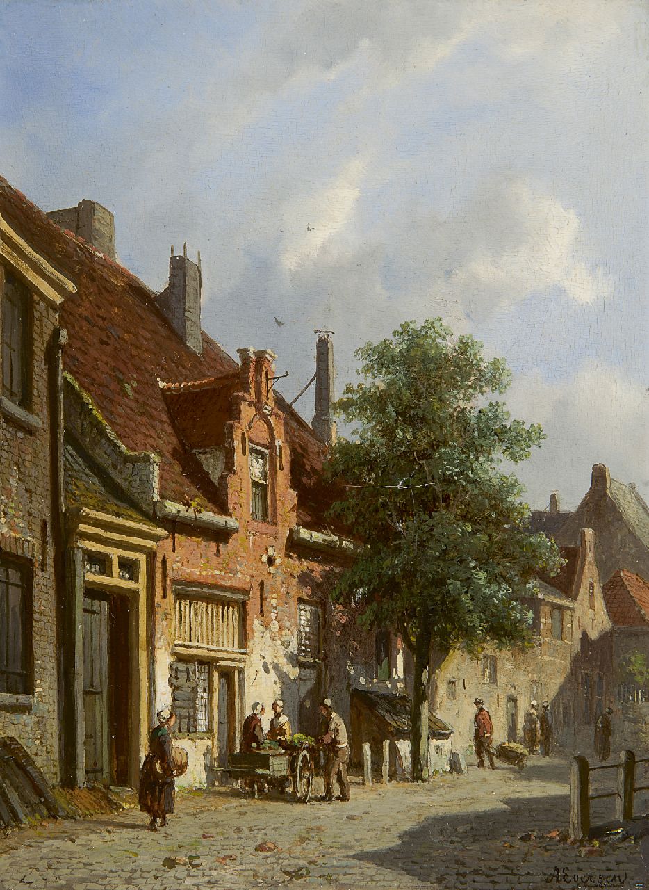Eversen A.  | Adrianus Eversen, Holländische Strassenszene in Haarlem, Öl auf Holz 25,0 x 18,6 cm, Unterzeichnet u.r.
