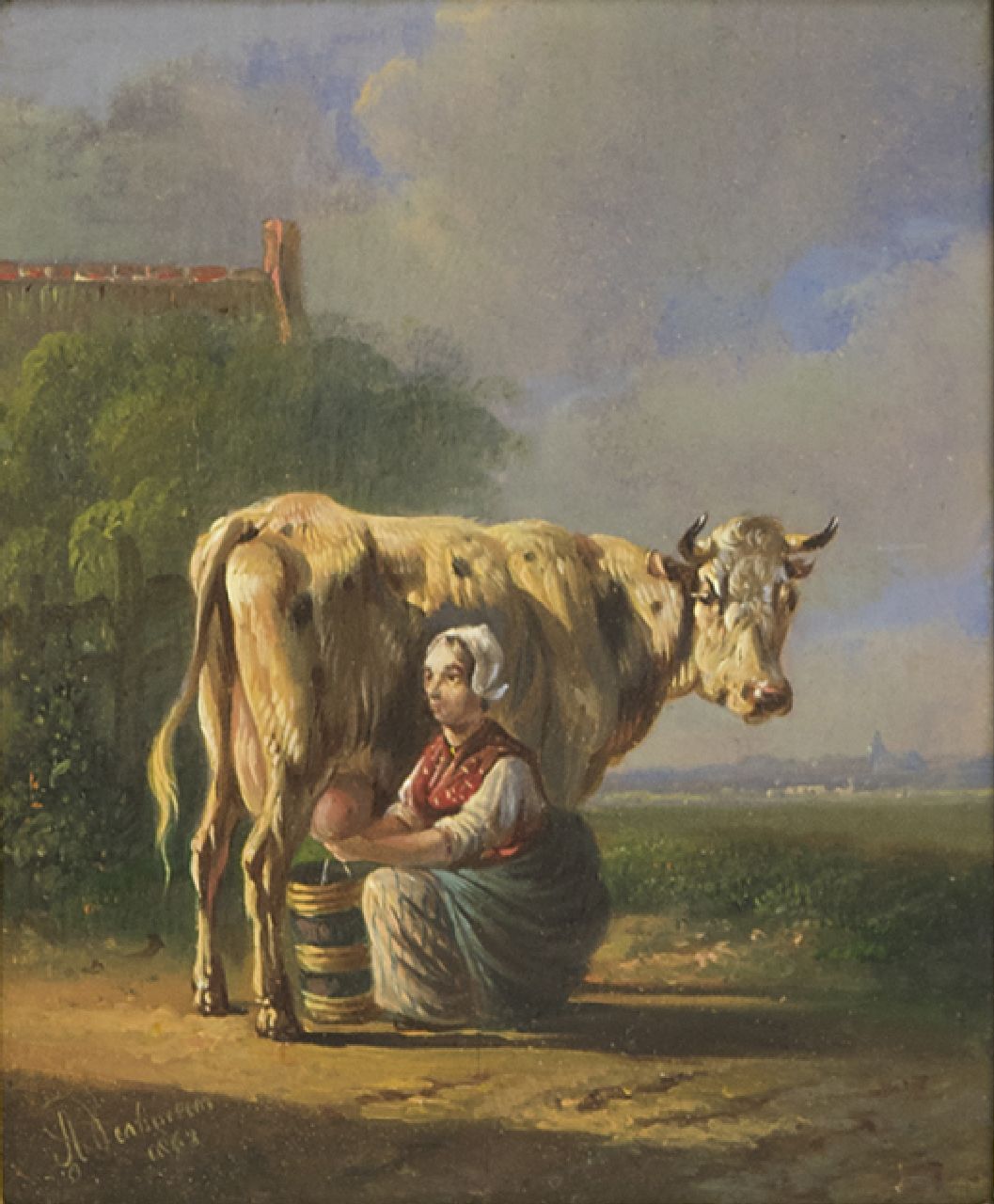 Verhoesen A.  | Albertus Verhoesen, Melkerin, Öl auf Holz 12,5 x 10,4 cm, Unterzeichnet l.u. und datiert 1863