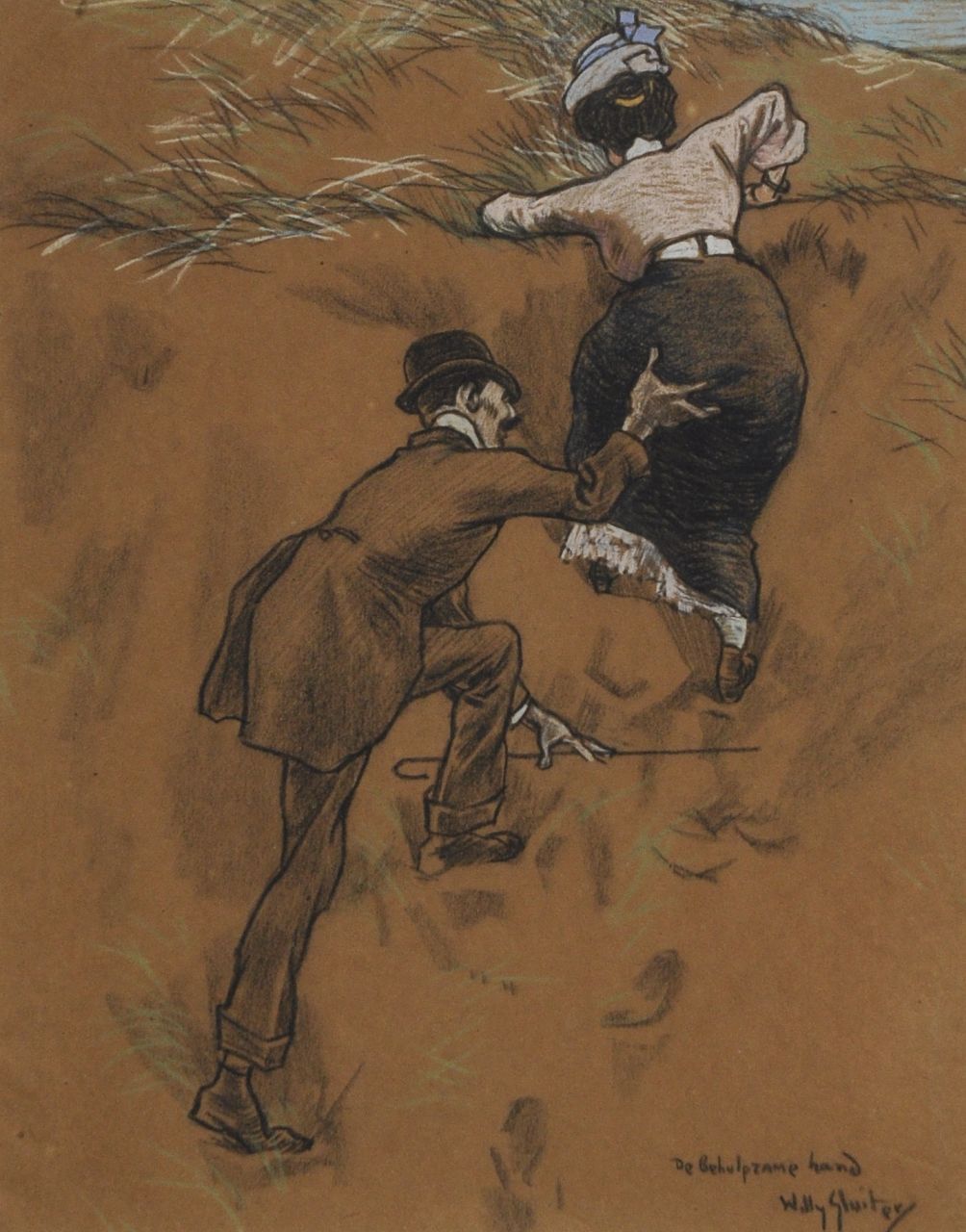 Sluiter J.W.  | Jan Willem 'Willy' Sluiter, Die helfende Hand, Kreide auf gefärbtem Papier 38,7 x 31,5 cm, Unterzeichnet u.r. und zu datieren ca. 1908