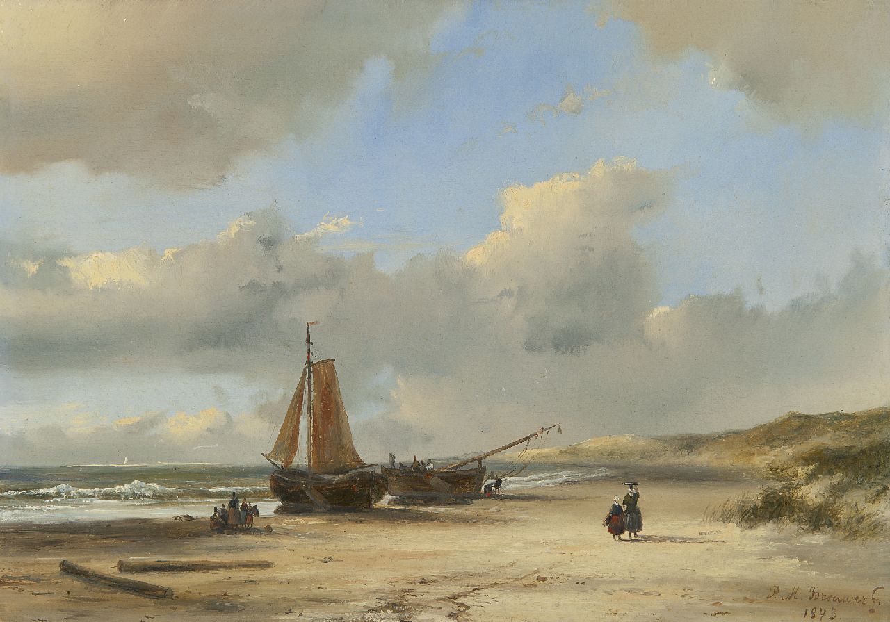 Brouwer P.M.  | Petrus Marius Brouwer, Hollandische Fischerboote am Strand, Öl auf Holz 21,2 x 30,2 cm, Unterzeichnet u.r. und datiert 1843