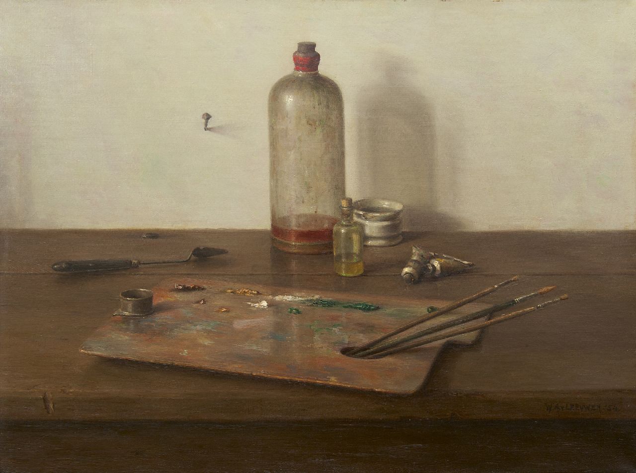 Willem van Leeuwen | Stilleben mit Malergeräten, Öl auf Leinwand, 45,2 x 60,2 cm, Unterzeichnet u.r. und datiert '54