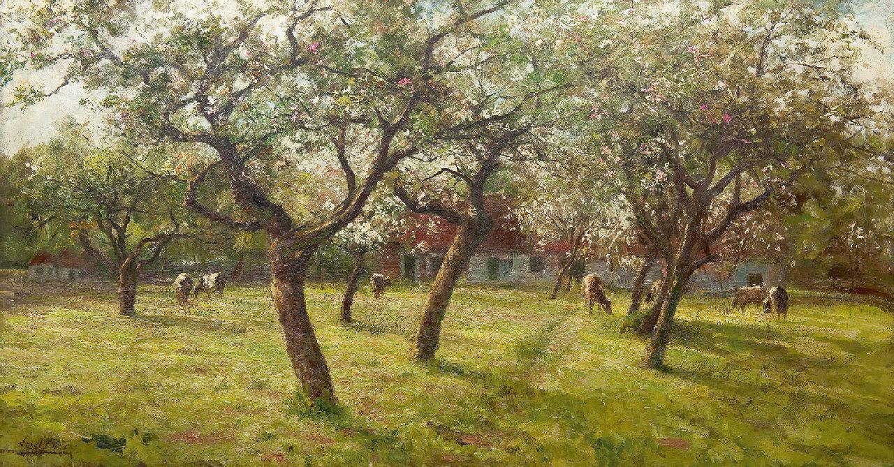 Pieters E.  | Evert Pieters, Cattle grazing by the cherry blossom, Öl auf Leinwand 80,0 x 148,6 cm, signed l.l.
