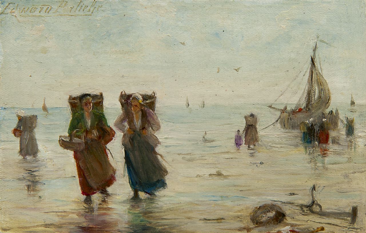 Portielje E.A.  | 'Edward' Antoon Portielje, Fischerfrauen auf dem Strand, Öl auf Leinwand 9,4 x 14,7 cm, Unterzeichnet l.o.