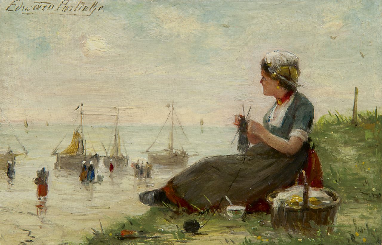 Portielje E.A.  | 'Edward' Antoon Portielje, Stricken am Strand, Öl auf Leinwand 9,4 x 14,8 cm, Unterzeichnet l.o.