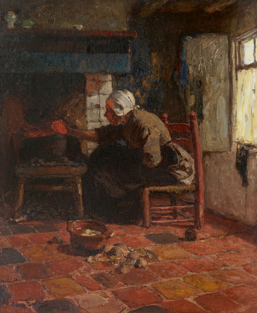 Bartels H. von | Hans von Bartels | Gemälde zum Verkauf angeboten | Frau aus Katwijk am Kaminfeuer, Öl auf Leinwand 67,3 x 55,0 cm, Unterzeichnet l.u.