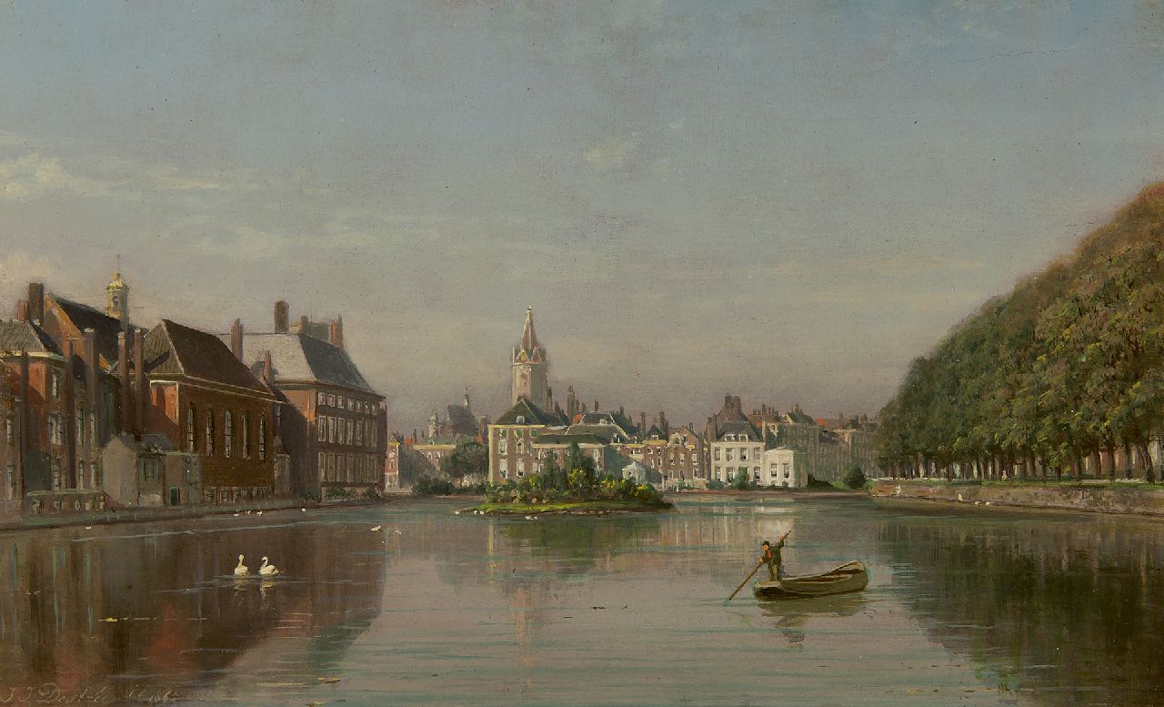 Destrée J.J.  | Johannes Josephus Destrée, Blick auf den Hofvijver, Haag, Öl auf Holz 19,7 x 31,4 cm, Unterzeichnet l.u. und datiert 1865