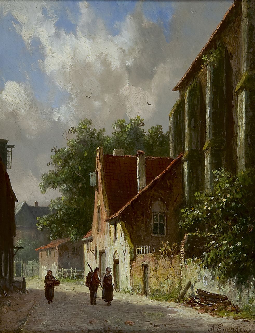 Eversen A.  | Adrianus Eversen, Figuren in sonniger Dorfgasse, Öl auf Holz 18,9 x 14,9 cm, Unterzeichnet r.u. und im Verso auf Etikett