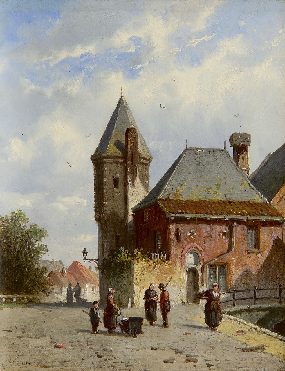 Eversen A.  | Adrianus Eversen, Sonniger Ansicht auf das Koppelpoort [Tor], Amersfoort, Öl auf Holz 19,3 x 15,0 cm, Unterzeichnet l.u. und verso auf Etikett