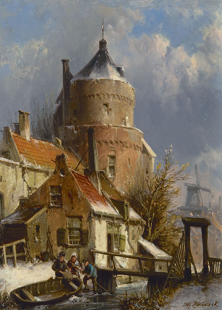 Koekkoek W.  | Willem Koekkoek, Stadtansicht im Winter mit altem Festungsturm, Öl auf Holz 21,0 x 15,6 cm, Unterzeichnet r.u.