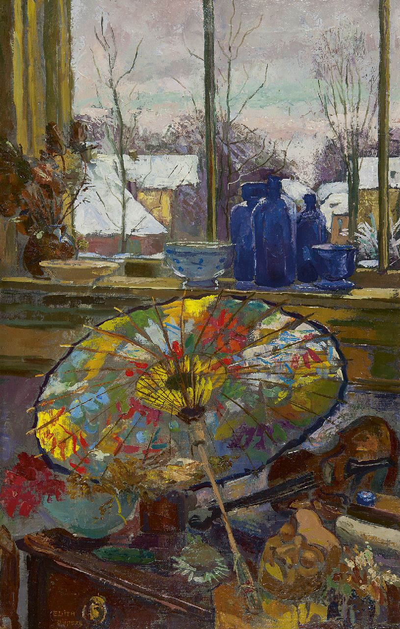 Pijpers E.E.  | 'Edith' Elizabeth Pijpers, Stilleben mit Sonnenschirm bei winterlchem Fenster, Öl auf Leinwand 75,3 x 48,0 cm, Unterzeichnet u.l.