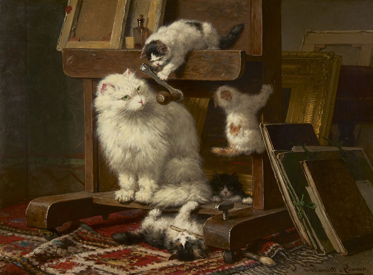 Ronner-Knip H.  | Henriette Ronner-Knip, Katzenfamilie in einem Atelier, Öl auf Holz 54,5 x 72,0 cm, Unterzeichnet r.u. und datiert 1878