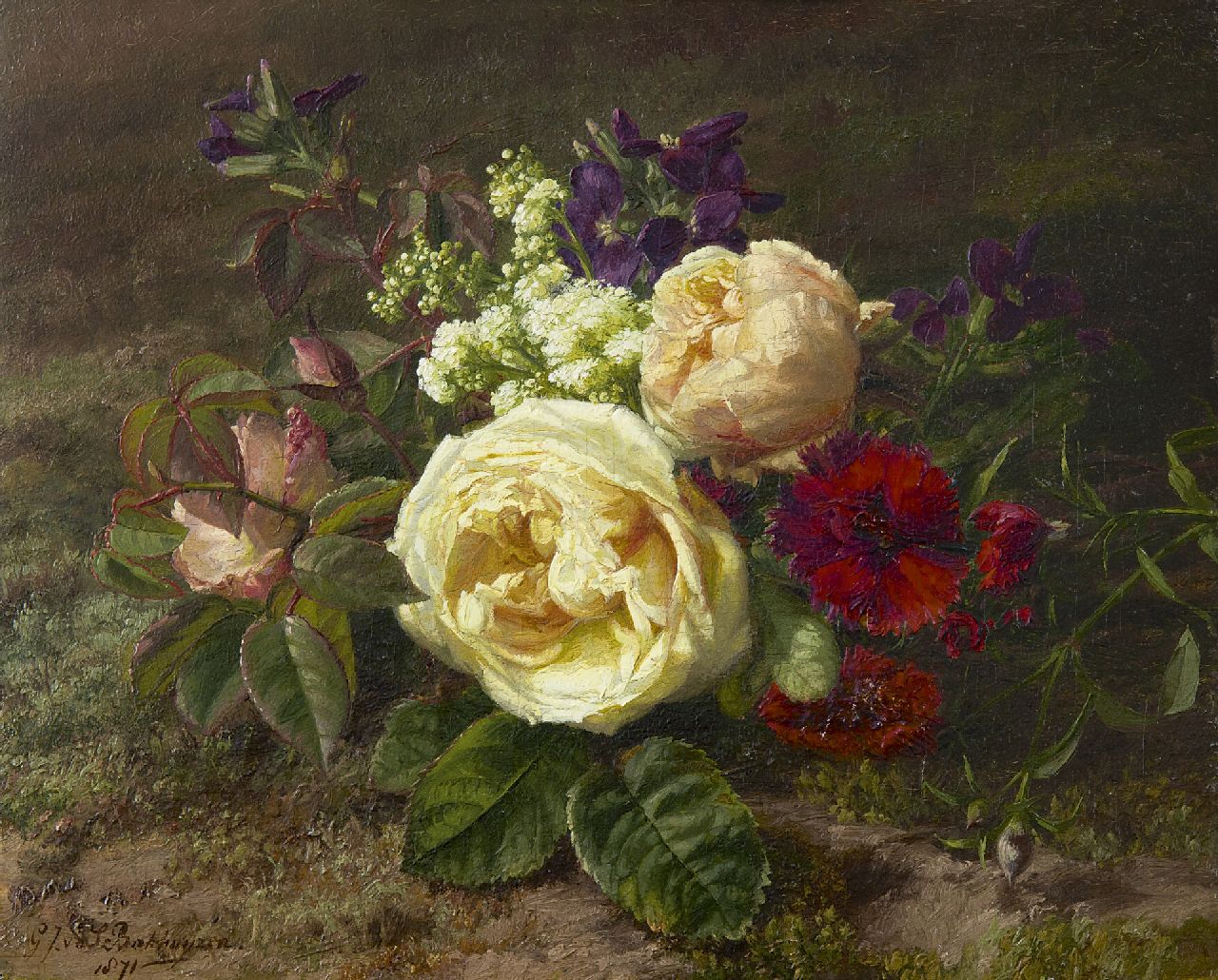 Sande Bakhuyzen G.J. van de | 'Gerardine' Jacoba van de Sande Bakhuyzen, Sommerblumen auf dem Waldboden, Öl auf Holz 23,0 x 28,7 cm, Unterzeichnet l.u. und datiert 1871