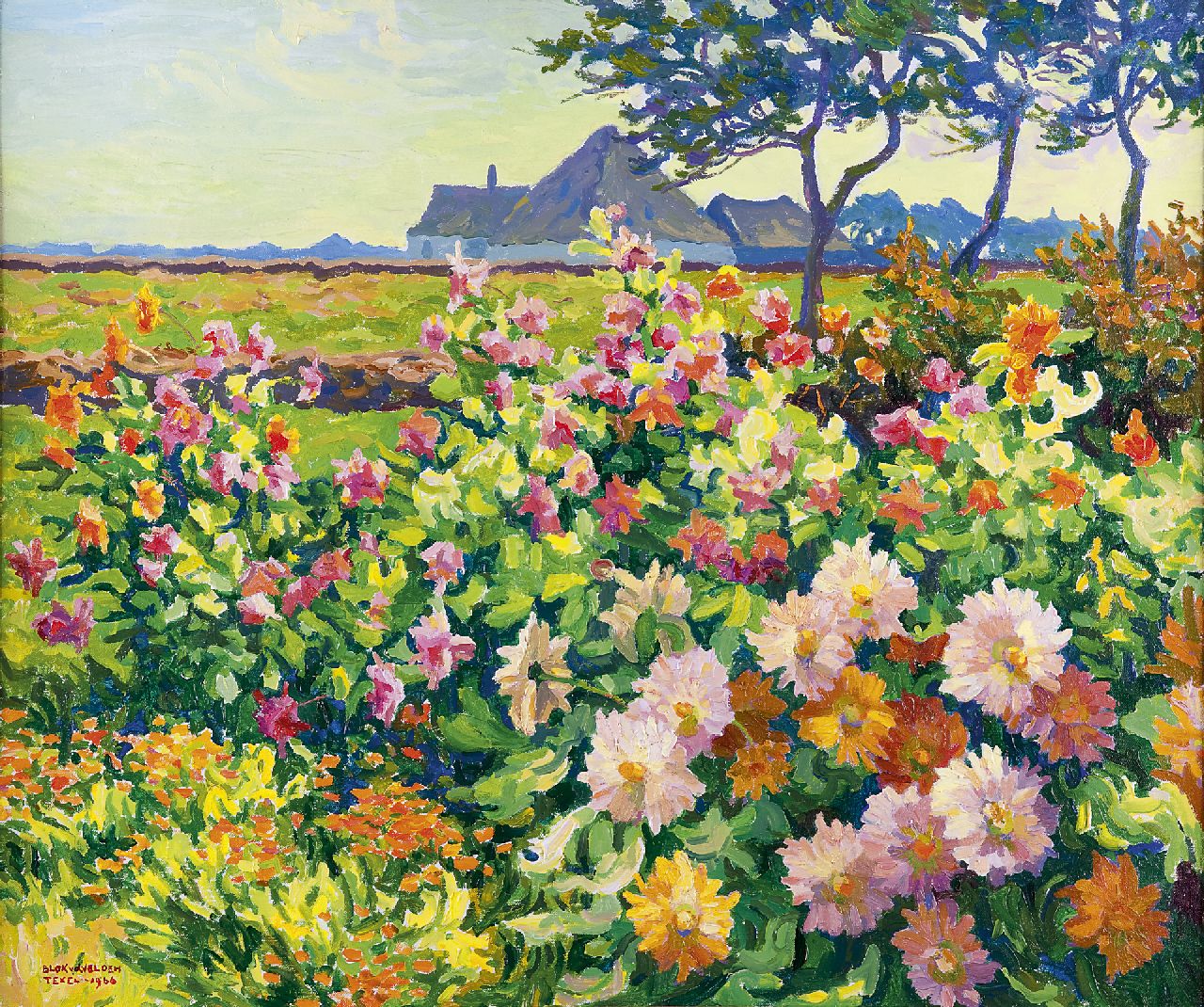 Blok van der Velden A.D.  | Adrianus Dirk 'Ad' Blok van der Velden, Bauerngarten mit Chrysanthemen unnd Dahlien, Texel, Öl auf Leinwand 50,3 x 60,5 cm, Unterzeichnet l.u. und datiert 'Texel 1966'