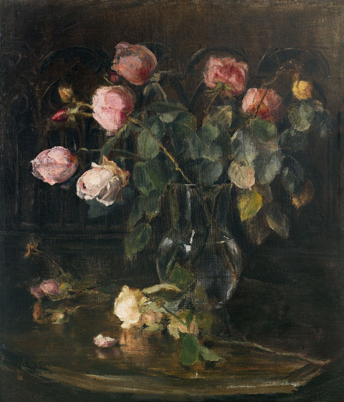 Clerq M.C. de | Marguérite Carolina de Clerq, Eine Vase mit Rosen, Öl auf Leinwand 55,4 x 47,5 cm, Unterzeichnet u.l.