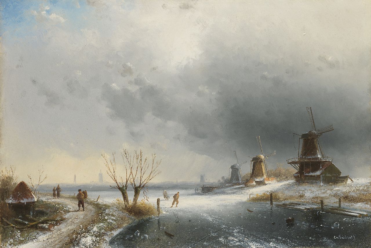 Leickert C.H.J.  | 'Charles' Henri Joseph Leickert, A river landscapein winter with windmills and skaters, Öl auf Holz 31,9 x 47,2 cm, signed l.r.