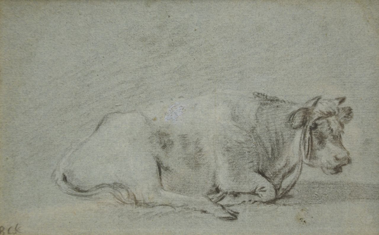 Koekkoek B.C.  | Barend Cornelis Koekkoek, Studie von einer ruhende Kuh, Kreide auf gefärbtem Papier 13,2 x 21,0 cm, Unterzeichnet u.l. mit Initialen