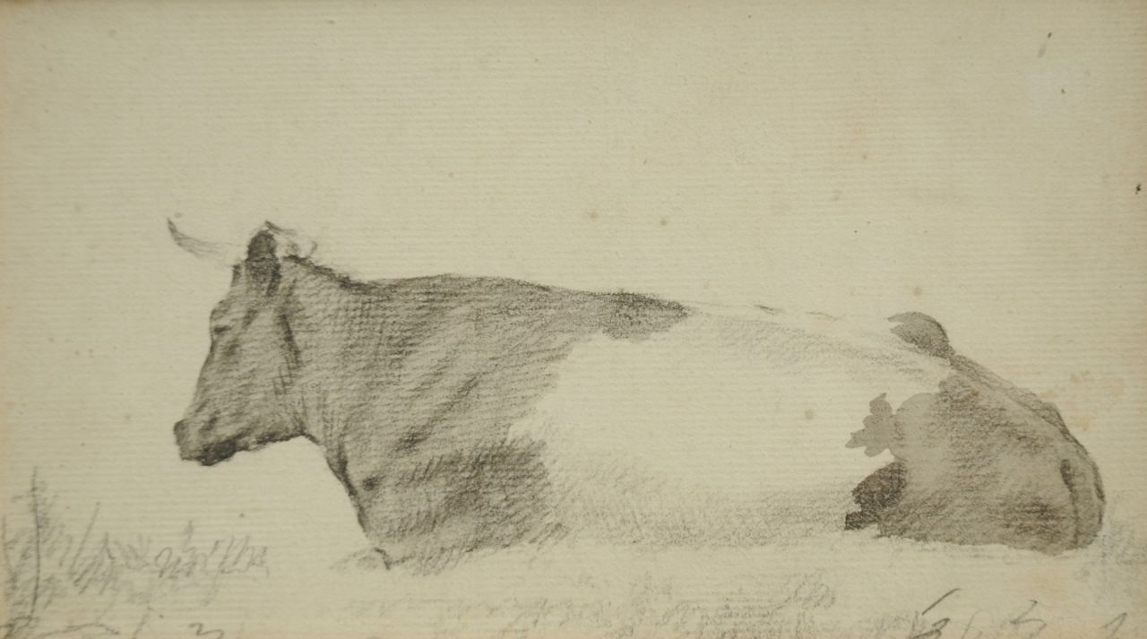 Koekkoek B.C.  | Barend Cornelis Koekkoek, Studie einer ruhende Kuh, Kreide und Aquarell auf Papier 10,1 x 18,2 cm