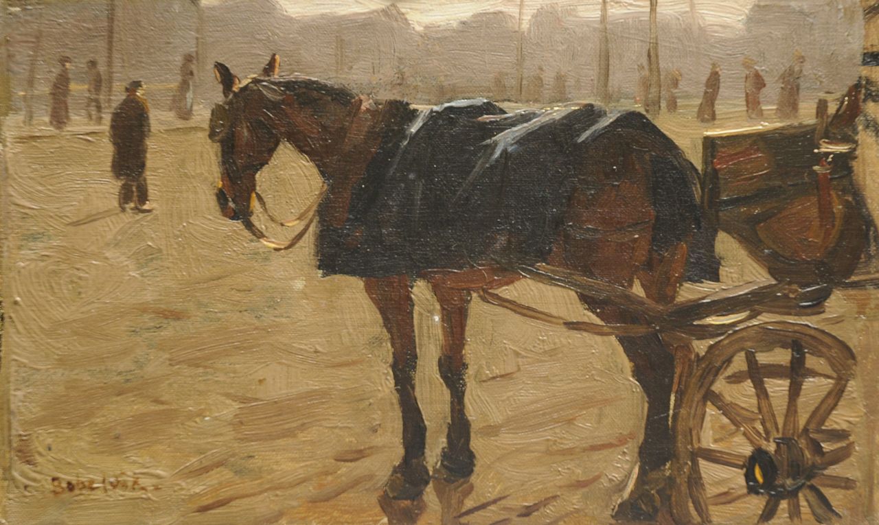 Bobeldijk F.  | Felicien Bobeldijk, Wartendes Pferd vor einer Kutsche, Öl auf Leinwand  auf Holzfaser 13,4 x 22,0 cm, Unterzeichnet l.u.