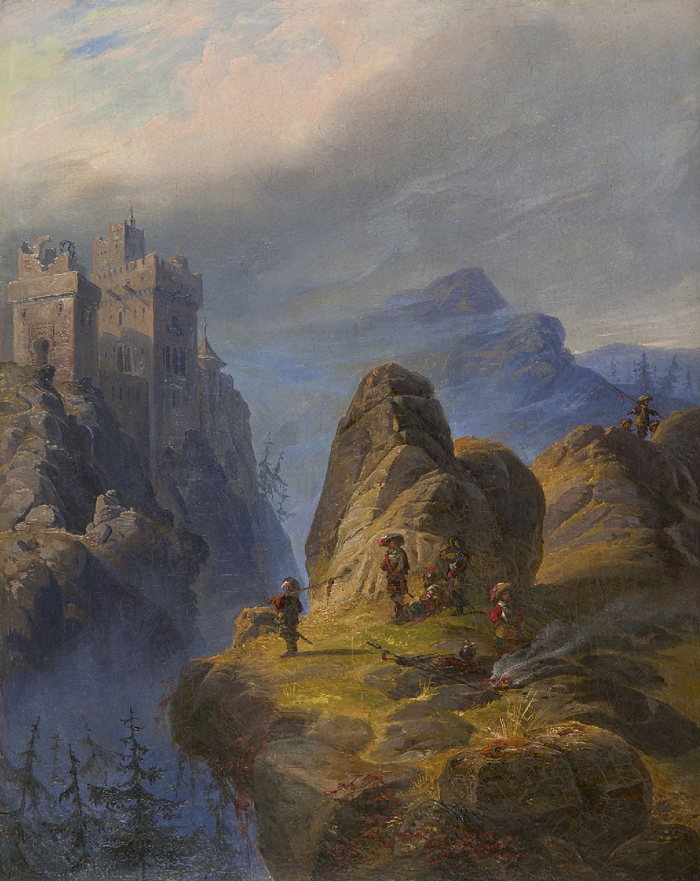 Haanen G.G.  | George Gillis Haanen, Belagerer auf überhängendem Felsen, Öl auf Leinwand 38,0 x 30,0 cm, zu datieren um 1853