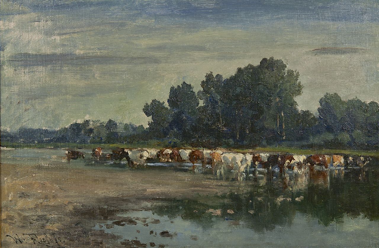 Roelofs W.  | Willem Roelofs, Watende Kühe, Öl auf Leinwand 30,0 x 44,8 cm, Unterzeichnet u.l.