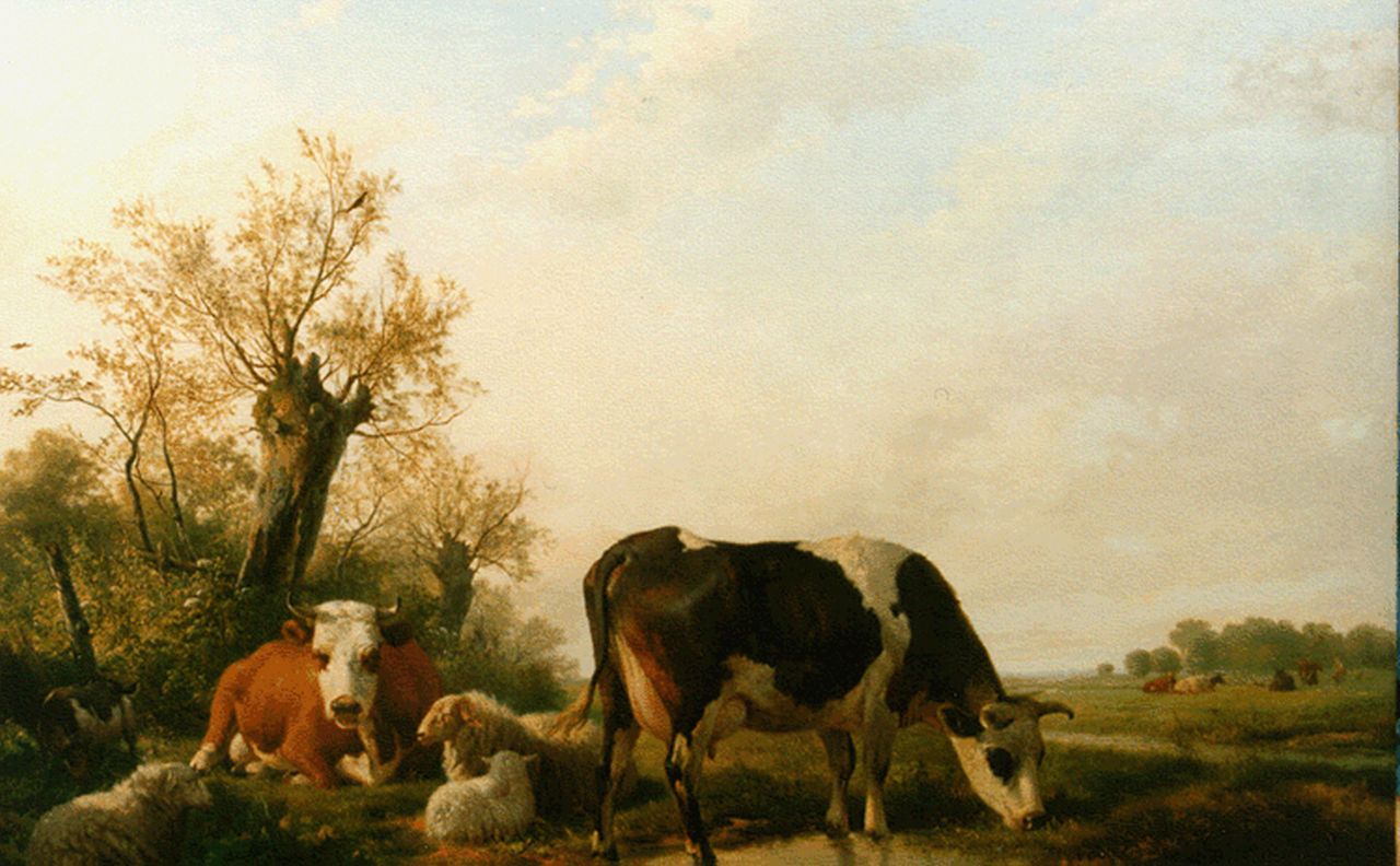 Sande Bakhuyzen H. van de | Hendrikus van de Sande Bakhuyzen, Cattle in a landscape, Öl auf Holz 86,0 x 116,2 cm, signed l.l. und dated 1844