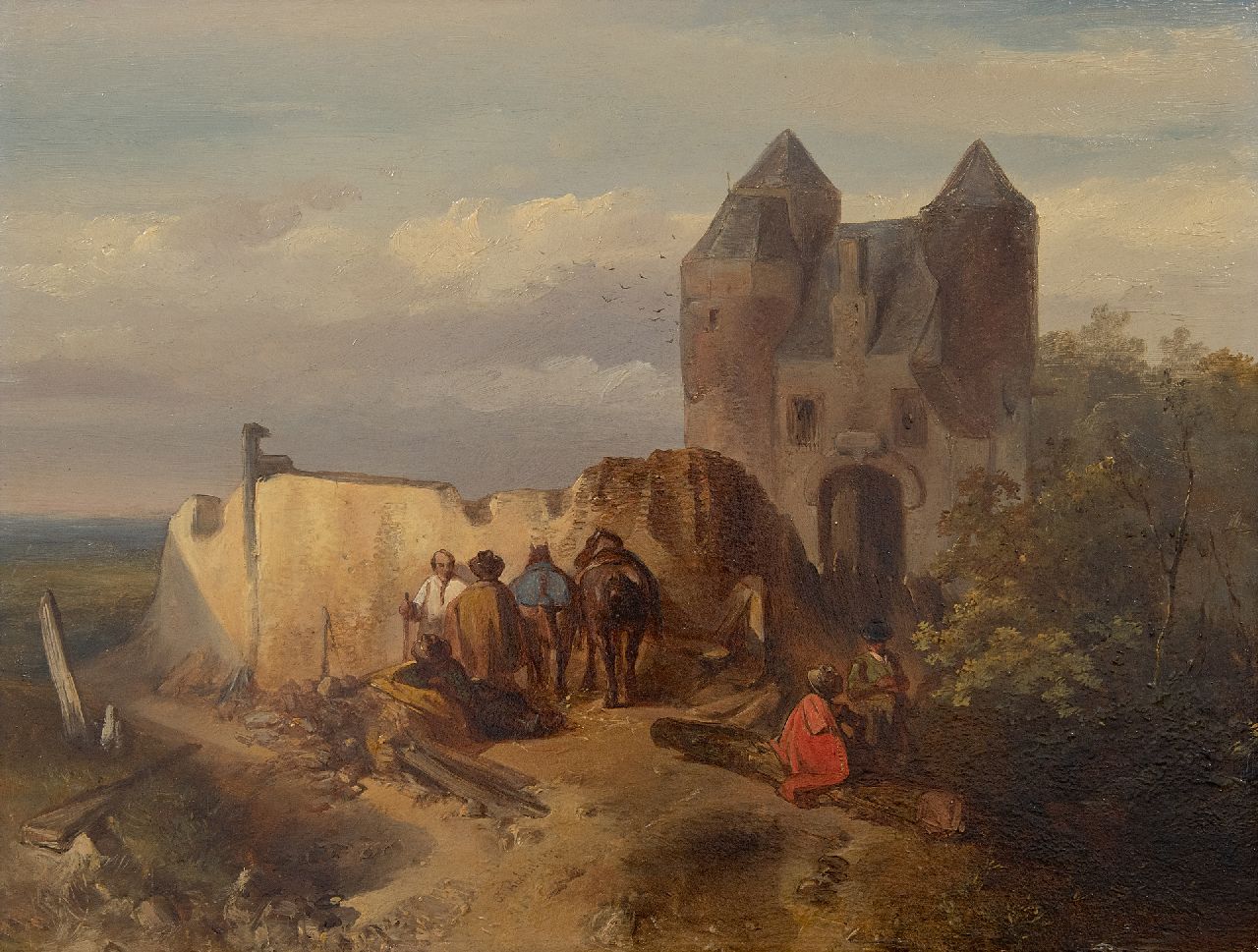 Rochussen Ch.  | Charles Rochussen | Gemälde zum Verkauf angeboten | Landschaft mit Reisenden vor Ruine, Öl auf Holz 25,5 x 33,5 cm, Unterzeichnet l.u. und datiert '42