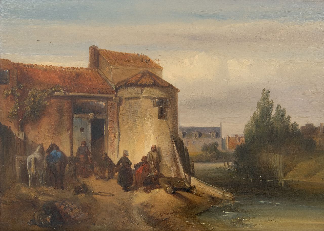 Rochussen Ch.  | Charles Rochussen | Gemälde zum Verkauf angeboten | Wirtshaus mit ruhenden Reisenden, Öl auf Holz 27,5 x 38,0 cm, Unterzeichnet M.u. und datiert '43