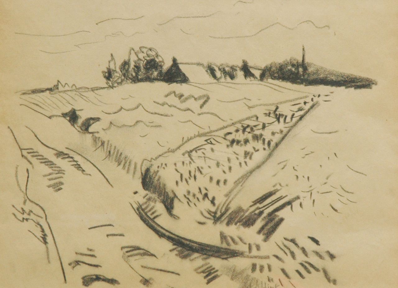 Altink J.  | Jan Altink, Landschaft, Drenthe, Schwarze Kreide auf Papier 26,5 x 36,2 cm, Unterzeichnet mittig und zu datieren ca. 1930