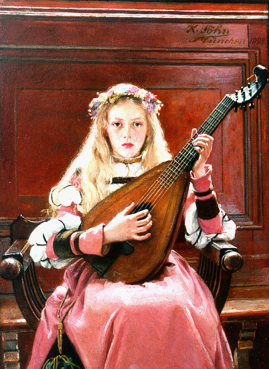 Sohn K.W.  | Karl Wilhelm Sohn, A girl with a lute, Öl auf Holz 18,0 x 13,7 cm, signed u.r. und dated 1898